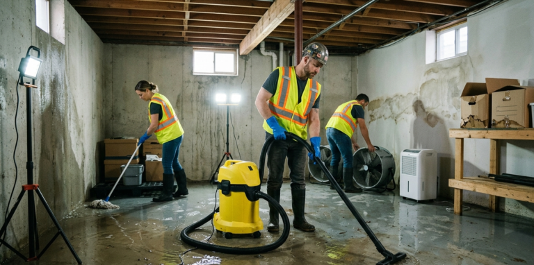 Basement cleanup illustration showing extraction equipment, air movers and dehumidification
