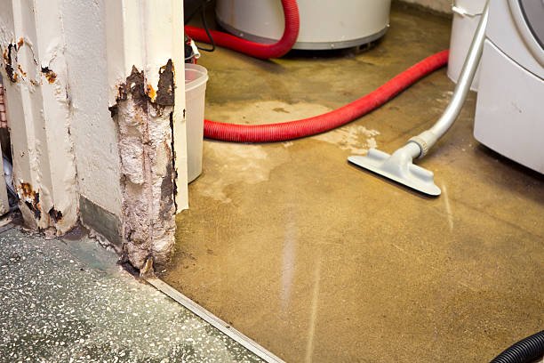 Water extraction wand and hose removing water from a damaged floor